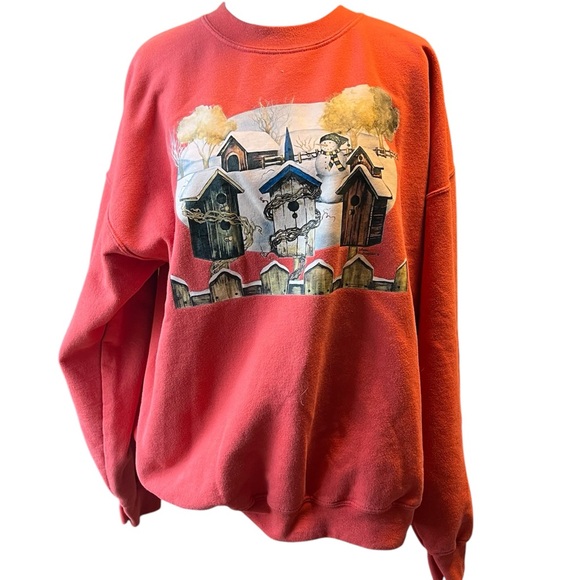 Vintage Snowman Birdhouse Winter Scene Crewneck Sweatshirt Size XL - Picture 1 of 6